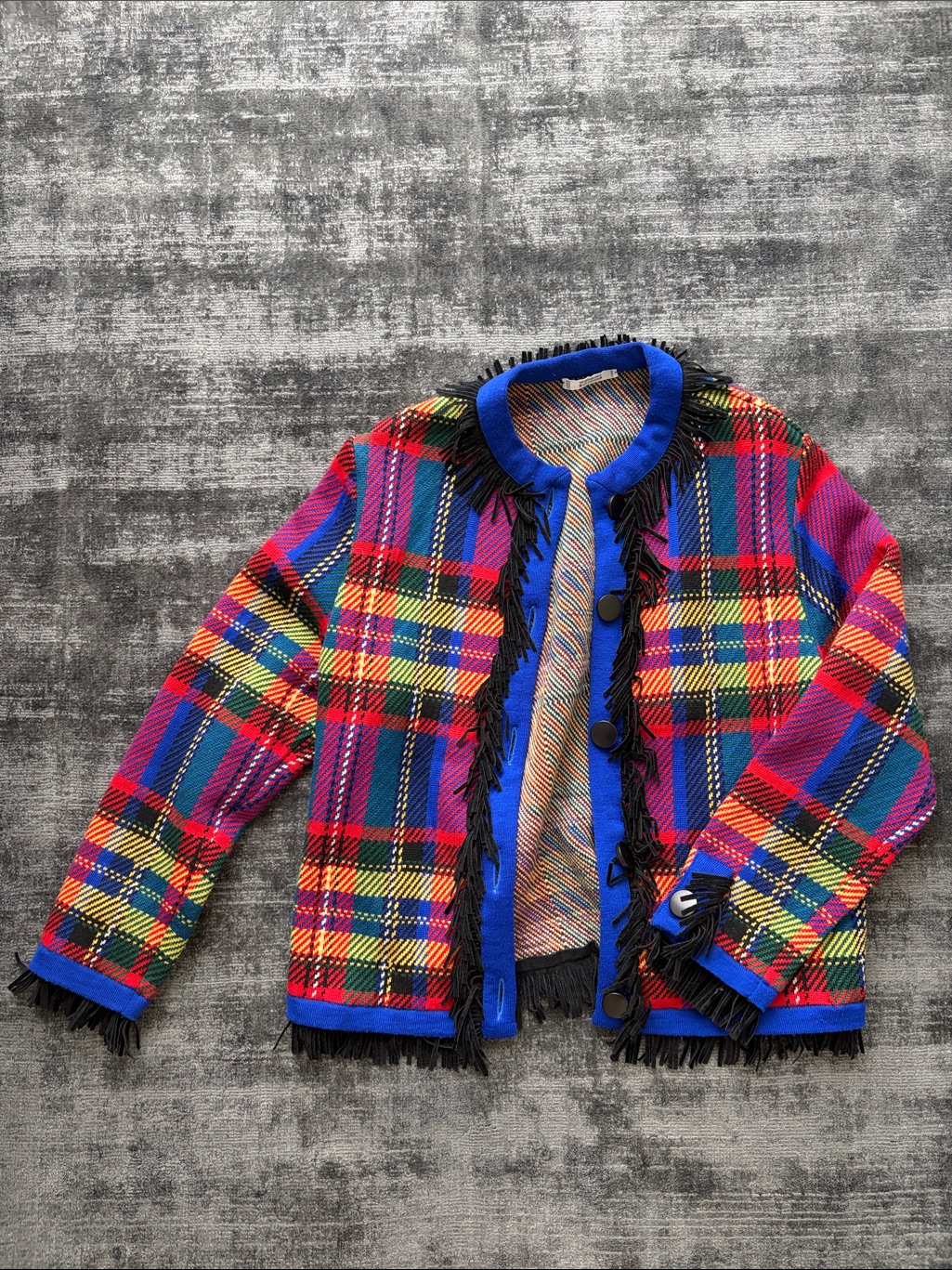 Vibrant Multi-Color Tartan And Suede Fringe Jacket